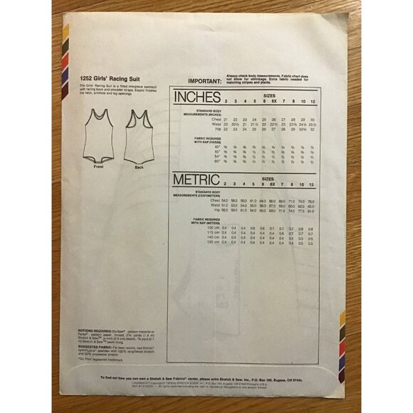 Girls Racing Suit Pattern UNCUT Bathing Suit Swimsuit Stretch and Sew 1252 - Picture 2 of 5